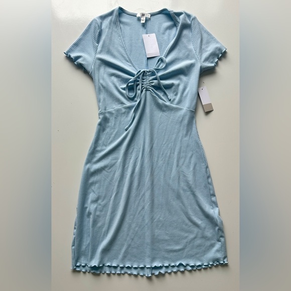 NWT BP Nordstrom Blue Tie Front Lettuce Edge Fitted Mini Dress Women’s Medium - Picture 4 of 10